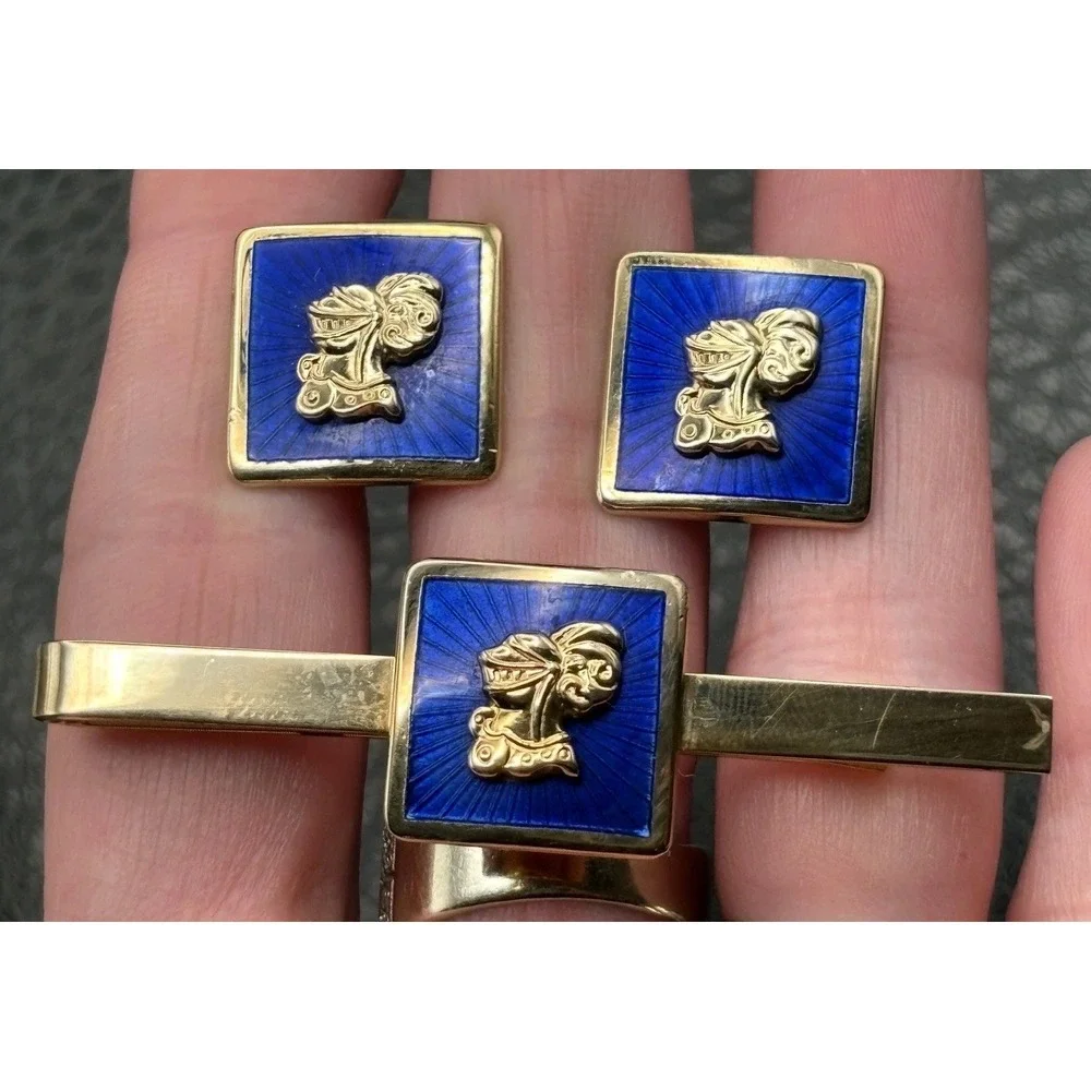 Vintage Knight Heraldic Soldier Blue Guilloche Enamel Cufflinks Tie Clip Set